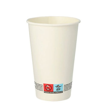 Jednoduchý bílý PAPSTAR 50 papírový kelímek, 0,3 l od PAPSTAR GmbH, z pevného papíru s varovným upozorněním a recyklačními symboly ve spodní části, zobrazený na bílém pozadí.