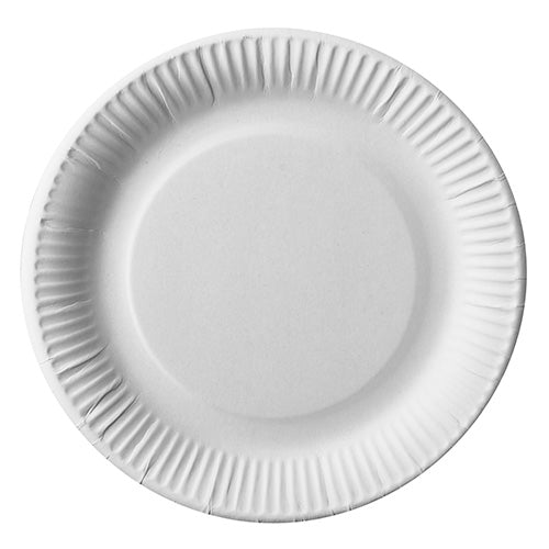 Kulatý, bílý PAPSTAR papírový talíř (Ø 23 cm) od PAPSTAR GmbH, ekologický a stabilní, pohled zhora s vroubkovaným okrajem na bílém podkladu (karton: 200 kusů).