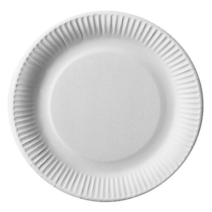 Kulatý, bílý PAPSTAR papírový talíř (Ø 23 cm) od PAPSTAR GmbH, ekologický a stabilní, pohled zhora s vroubkovaným okrajem na bílém podkladu (karton: 200 kusů).
