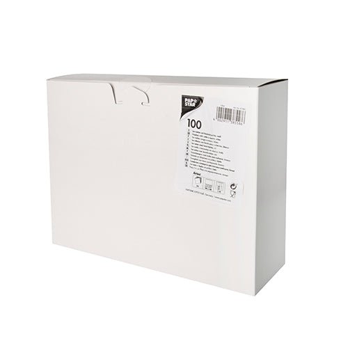 Starpak 100 kapsy na příbory Airlaid (40 x 48 cm, se záhybem na příbory) jsou dodávány v obdélníkové bílé krabici s jednoduchým víkem, dvěma otvory nahoře, etiketou „100“ na přední straně, čárovým kódem a pokyny k údržbě – ideální pro stolní dekoraci.