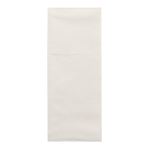 Starpak 100 kapsy na příbory, Airlaid 40 cm x 48 cm se záhybem na příbory, jsou úhledně složené a prezentované na jednoduchém bílém pozadí – ideální pro elegantní stolní dekoraci.