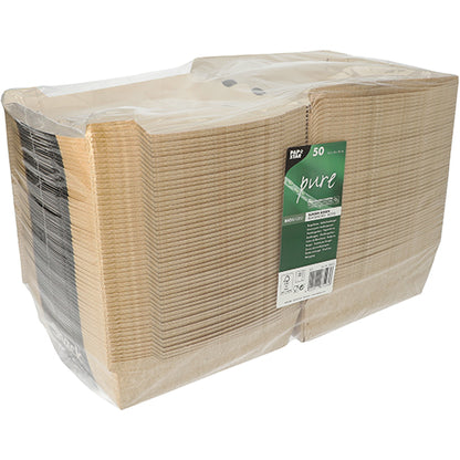 Stoh 50 PAPSTAR "pure" burgerových krabic od PAPSTAR GmbH, z kartonu, v čiré plastové fólii se zelenou etiketou - ekologická burgerová krabice pro udržitelnou balení.