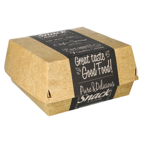 PAPSTAR 50 burgerových krabic, karton "pure" "Good Food" od PAPSTAR GmbH je uzavřená, ekologická burgerová krabice s hnědým obalem a bílým písmem: "Great taste, Good Food! Pure & Delicious, Snack La Carte", na bílém pozadí.