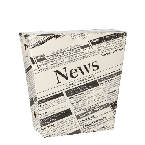 Držák na hranolky "Newsprint" společnosti PAPSTAR GmbH je obdélníkový papírový a fóliový držák s klopným víkem, který na bílém pozadí zobrazuje černé texty, titulky a malé inzeráty ve stylu novin. "News" a datum "Pondělí, 2. dubna 2018" jsou viditelné.