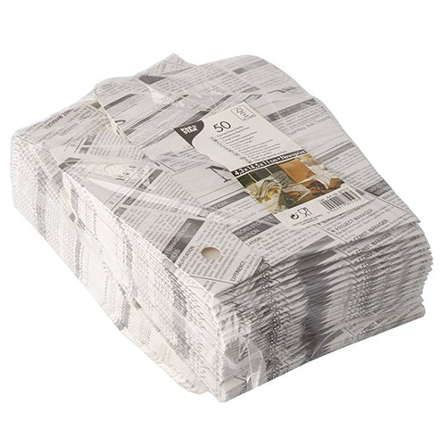 Balení 50 držáků na hranolky PAPSTAR "Newsprint" s klopnými víky z papíru/kartonu a fólie s černobílým novinovým potiskem. Ideální pro servírování hranolků. Značka: PAPSTAR GmbH.
