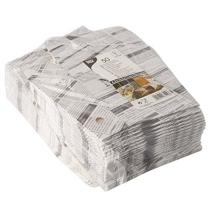 Balení 50 držáků na hranolky PAPSTAR "Newsprint" s klopnými víky z papíru/kartonu a fólie s černobílým novinovým potiskem. Ideální pro servírování hranolků. Značka: PAPSTAR GmbH.