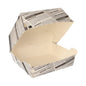 Velké burgerové krabice PAPSTAR "Newsprint" (7,8x11x11,5 cm, lepenka), od PAPSTAR GmbH, jsou zobrazeny otevřené a prázdné s jejich designem novinového papíru na bílém pozadí. Balení obsahuje 50 kusů ve smršťovací fólii.