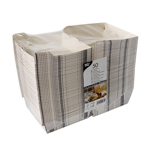 Zapečetěné balení s 50 PAPSTAR burgerovými krabicemi "Newsprint" velké (7,8x11x11,5 cm) od PAPSTAR GmbH, z pevné lepenky, s proužkovaným motivem novinového papíru a produktovým štítkem, zatavené v částečně průhledné smršťovací fólii.