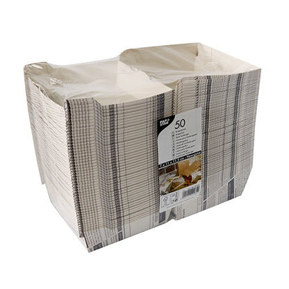 Zapečetěné balení s 50 PAPSTAR burgerovými krabicemi "Newsprint" velké (7,8x11x11,5 cm) od PAPSTAR GmbH, z pevné lepenky, s proužkovaným motivem novinového papíru a produktovým štítkem, zatavené v částečně průhledné smršťovací fólii.