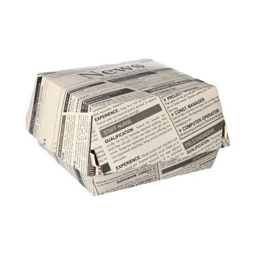 PAPSTAR burgerové krabice "Newsprint" velké (7,8x11x11,5 cm, lepenka | smršťovací fólie, 50 kusů) od PAPSTAR GmbH jsou uzavřené nádoby na potraviny s černobílým motivem novinového papíru na jednobarevném bílém pozadí.