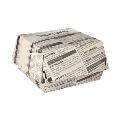 PAPSTAR burgerové krabice "Newsprint" velké (7,8x11x11,5 cm, lepenka | smršťovací fólie, 50 kusů) od PAPSTAR GmbH jsou uzavřené nádoby na potraviny s černobílým motivem novinového papíru na jednobarevném bílém pozadí.