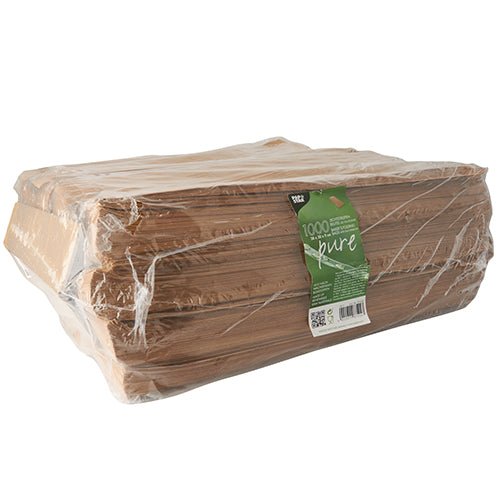 Velká hromada PAPSTAR 1000 průhledových sáčků s PLA okénkem „pure“, hnědá od PAPSTAR GmbH je zabalena v průhledném plastu a umístěna na jednoduchém bílém pozadí s zeleným „1000 pure“ štítkem. Balení je biologicky odbouratelné.