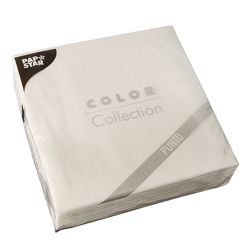 Zapečetěné balení s 30 bílými 2-vrstvými ubrousky „PUNTO“ (38x38 cm, 1/4 skládání) od PAPSTAR GmbH s jemným puntíkovým vzorem – ideální pro elegantní stolní dekoraci.