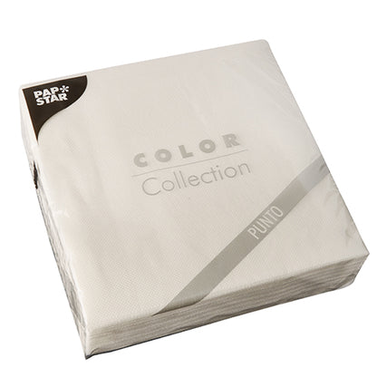 Zapečetěné balení s 30 bílými 2-vrstvými ubrousky „PUNTO“ (38x38 cm, 1/4 skládání) od PAPSTAR GmbH s jemným puntíkovým vzorem – ideální pro elegantní stolní dekoraci.