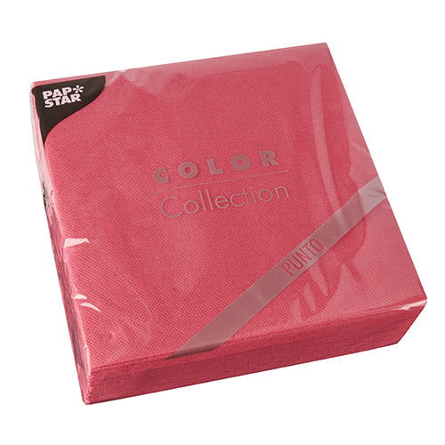 Balení s 30 PAPSTAR ubrousky „PUNTO“ v červené barvě, 2-vrstvé (38x38 cm, 1/4 skládání) v průhledné fólii s etiketou „Color Collection“ a logem PAPSTAR – ideální pro stylovou stolní dekoraci.