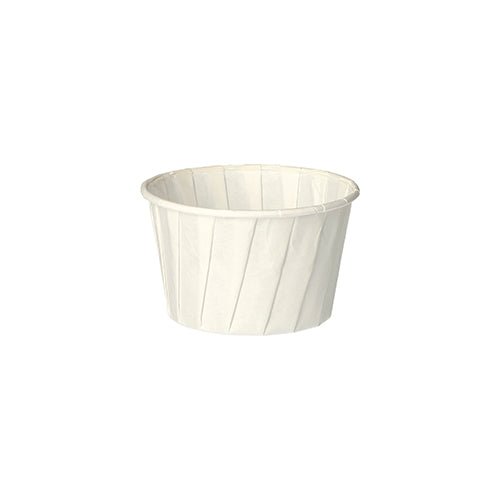 Kelímek na dresink PAPSTAR kulatý, 6,6 cm, bílý, papír "pure" (100 kusů) od PAPSTAR GmbH je ekologický, skládací papírový kelímek na koření nebo omáčky, který je zobrazen prázdný na jednoduchém bílém pozadí.