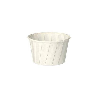 Kelímek na dresink PAPSTAR kulatý, 6,6 cm, bílý, papír "pure" (100 kusů) od PAPSTAR GmbH je ekologický, skládací papírový kelímek na koření nebo omáčky, který je zobrazen prázdný na jednoduchém bílém pozadí.