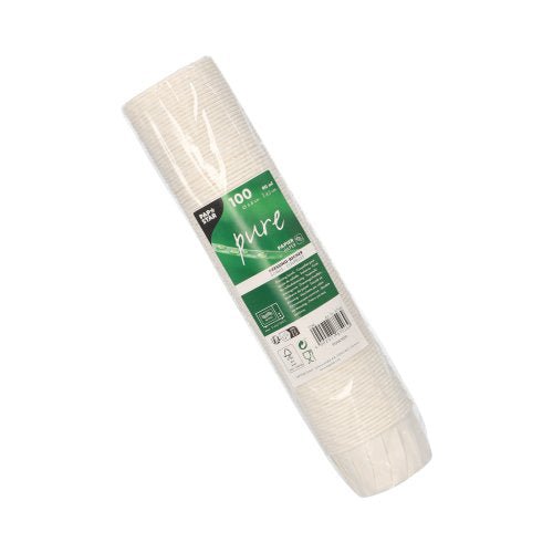 Zapečetěné balení se 100 PAPSTAR kelímky na dresink kulaté, 6,6 cm, bílé, papír "pure" kelímky od PAPSTAR GmbH - ideální pro ekologické servírování; každý kelímek pojme 90 ml a zeleno-bílý štítek zobrazuje informace o produktu.