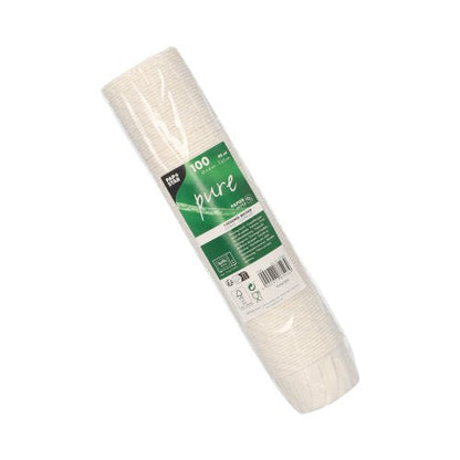 Zapečetěné balení se 100 PAPSTAR kelímky na dresink kulaté, 6,6 cm, bílé, papír "pure" kelímky od PAPSTAR GmbH - ideální pro ekologické servírování; každý kelímek pojme 90 ml a zeleno-bílý štítek zobrazuje informace o produktu.