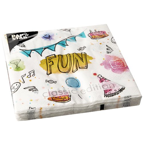 PAPSTAR GmbH 20 ubrousků, 33x33 cm, 3-vrstvé, Design Set 4: barevné party motivy jako "FUN", party klobouky, dorty, pizza, nápoje a noty. Balení s nápisem "classic edition".