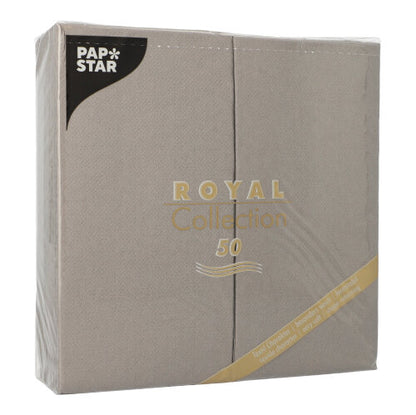 Eine versiegelte Packung mit 50 grauen PAPSTAR Servietten aus der „ROYAL Collection“, 1/8-Falz, 40 x 40 cm – ideal für elegant gedeckte Tische.
