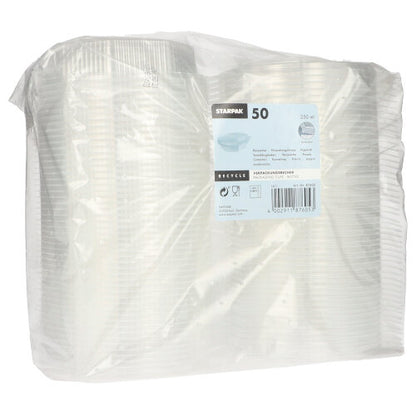 Průhledný plastový obal obsahuje 50 Starpak 8-hranných průhledných PP jednorázových kelímků s klapkovým víkem. Štítek obsahuje značku Starpak, detaily produktu a informace o recyklaci v několika jazycích.