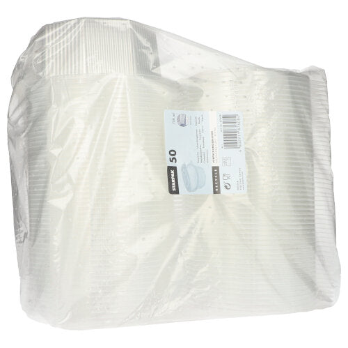 Průhledný plastový obal s 50 obalovými kelímky Starpak s klapkovými víky, 8-strannými průhlednými PP kelímky, má obdélníkový bílý štítek s informacemi o produktu a čárovým kódem.