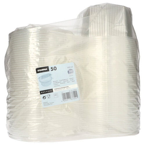 Obalové kelímky Starpak 50 s klapkovými víky jsou průhledné, 8-hranné jednorázové kelímky z PP, zabalené v průhledném plastovém obalu s etiketou s podrobnými informacemi o produktu, množstvím a informacemi o recyklaci.