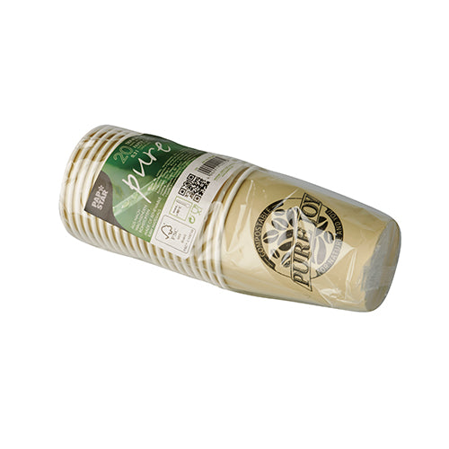 Zapečetěný stoh PAPSTAR dvaceti kelímků, papír 0,2 l Ø 8 cm od společnosti PAPSTAR GmbH s zeleno-bílou etiketou s produktovými informacemi a QR kódy na bílém pozadí.