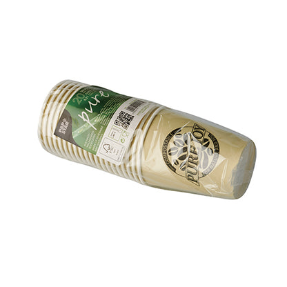 Zapečetěný stoh PAPSTAR dvaceti kelímků, papír 0,2 l Ø 8 cm od společnosti PAPSTAR GmbH s zeleno-bílou etiketou s produktovými informacemi a QR kódy na bílém pozadí.