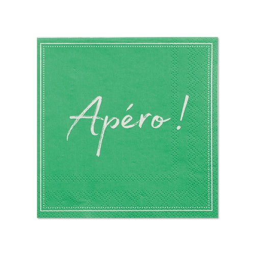 PAPSTAR 20 ubrousků (25x25 cm, 3vrstvé, 1/4 skládání) od společnosti PAPSTAR GmbH se prezentují v zeleném designu s bílým stehem a nápisem „Apéro!“ – ideální pro stylovou stolní dekoraci při každém setkání.