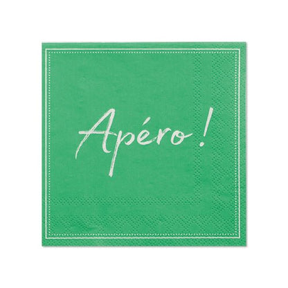 PAPSTAR 20 ubrousků (25x25 cm, 3vrstvé, 1/4 skládání) od společnosti PAPSTAR GmbH se prezentují v zeleném designu s bílým stehem a nápisem „Apéro!“ – ideální pro stylovou stolní dekoraci při každém setkání.