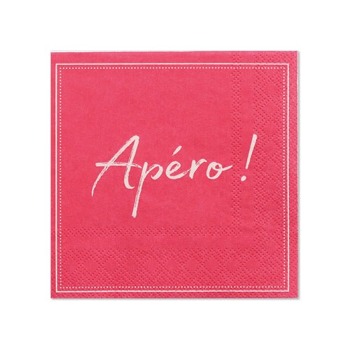 Červená servítka od společnosti PAPSTAR GmbH, 25x25 cm, 3-vrstvá, s puntíkovaným okrajem a „Apéro!“ v bílém psacím písmu uprostřed. Balení obsahuje 20 kusů (1/4 skládání).