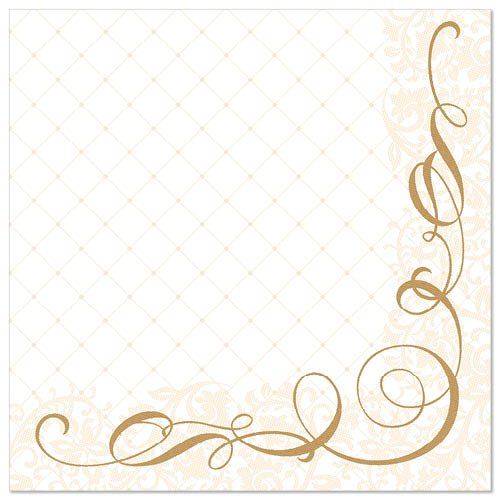 Die PAPSTAR GmbH 50 Servietten "ROYAL Collection" jsou bílé papírové ubrousky o rozměrech 40 x 40 cm s decentním diamantovým vzorem a elegantními zlatými květinovými víry v pravém dolním rohu.