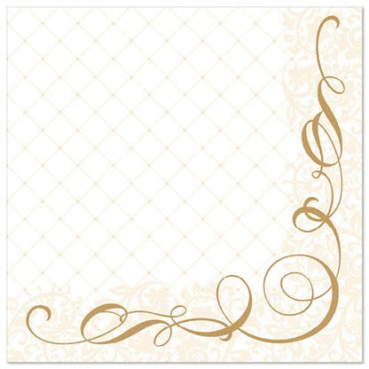 Die PAPSTAR GmbH 50 Servietten "ROYAL Collection" jsou bílé papírové ubrousky o rozměrech 40 x 40 cm s decentním diamantovým vzorem a elegantními zlatými květinovými víry v pravém dolním rohu.