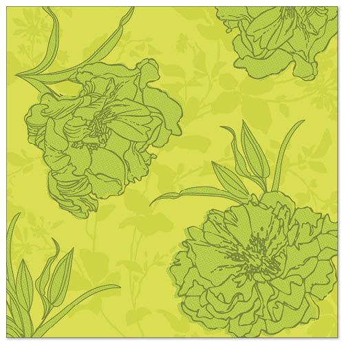 Die PAPSTAR 50 Servietten "ROYAL Collection" 1/4-Falz 40 x 40 cm der PAPSTAR GmbH sind mit ihren grünen Blumenmotiven auf gelb-grünem Hintergrund perfekt für festliche Anlässe und verleihen jeder Tafel einen eleganten Touch.