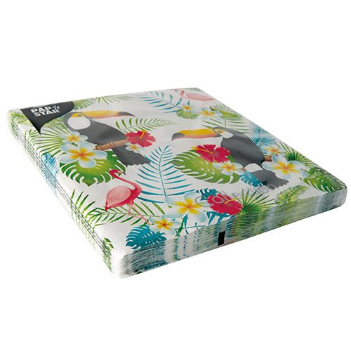 Stoh PAPSTAR 20 ubrousků od PAPSTAR GmbH, 3-vrstvé, 40x40 cm s tropickými tukany, plameňáky, zelenými listy a žluto-bílými květy na bílém podkladu. Nápis „Papírové ubrousky“.