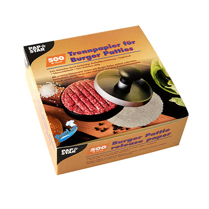 PAPSTAR Oddělovací papíry pro burgerové placky, Ø 13 cm, bílé (500 kusů) ve skládací krabici od PAPSTAR GmbH - ideální pro snadné oddělení burgerových placek.