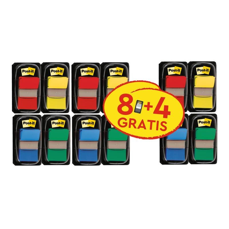 Dvanáct balení 3M Post-it® Index samolepicích proužků, standardní (25,4 mm x 43,2 mm), různé barvy, akce: 8 dávkovačů + 4 zdarma, každý po 50 proužcích/dávkovač - ideální pro efektivní organizaci dokumentů a označení.