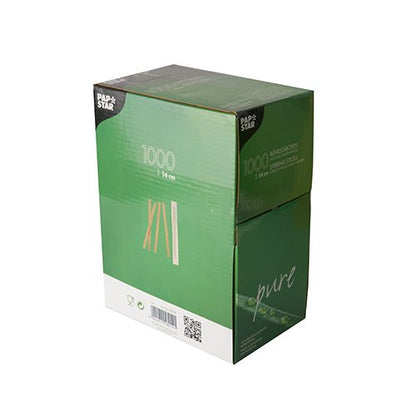Zeleno-bílá krabice od PAPSTAR GmbH obsahuje 1 000 ekologických, hygienických, jednotlivě zabalených 14 cm dlouhých dřevěných míchacích tyčinek „pure“, s produktovými informacemi a QR kódem na přední straně.