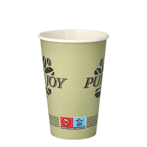 Světle zelený PAPSTAR 50 papírový kelímek z pevného papíru (0,3 l) od PAPSTAR GmbH s grafikou kávových zrn, malými symboly a textem ve spodní části stojí vzpřímeně před bílým pozadím.