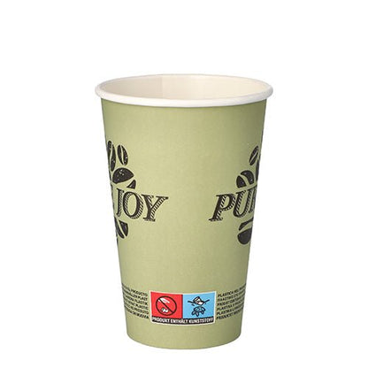 Světle zelený PAPSTAR 50 papírový kelímek z pevného papíru (0,3 l) od PAPSTAR GmbH s grafikou kávových zrn, malými symboly a textem ve spodní části stojí vzpřímeně před bílým pozadím.