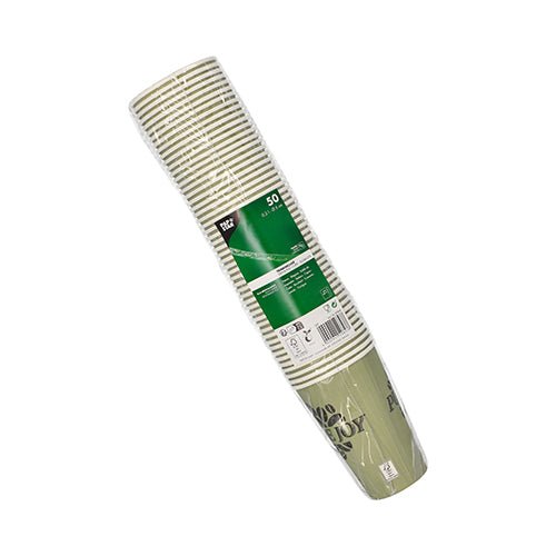 Balení 50 papírových kelímků od PAPSTAR GmbH obsahuje jednorázové papírové kelímky (každý 0,3 l) v zeleno-bílém pruhovaném designu, vyrobené z pevného papíru a zabalené v plastu; etiketa obsahuje informace o produktu.