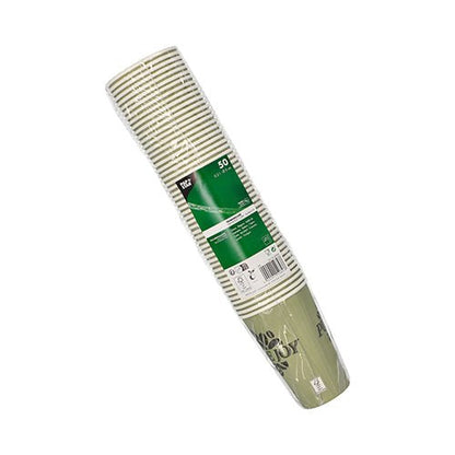 Balení 50 papírových kelímků od PAPSTAR GmbH obsahuje jednorázové papírové kelímky (každý 0,3 l) v zeleno-bílém pruhovaném designu, vyrobené z pevného papíru a zabalené v plastu; etiketa obsahuje informace o produktu.