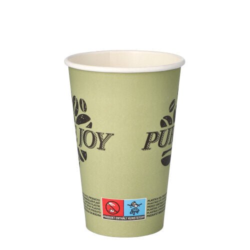 PAPSTAR 50 papírový kelímek, 0,3 l od PAPSTAR GmbH je světle zelený jednorázový papírový kelímek s nápisem „PURE JOY“ a kávovými zrny a malou etiketou se symboly a textem na dně. Kelímek je prázdný a vzpřímeně zobrazený na bílém pozadí.