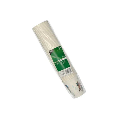 Plastově zabalená hromada 50 bílých PAPSTAR 0,2 l jednorázových papírových kelímků od PAPSTAR GmbH, částečně s malým potiskem - ideální jako praktické party kelímky nebo pro akce.