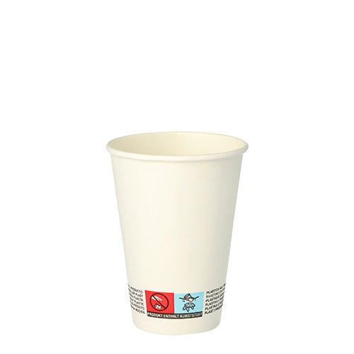 Jednoduchý bílý Starpak "To Go" papírový kelímek (0,18 l, Ø 7 cm, 9,2 cm) s varovným upozorněním na spodním okraji je zobrazen na bílém pozadí. Balení obsahuje 50 kelímků.