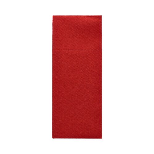 Zobrazená je obálka Starpak 100 kapes na příbory Airlaid (40 x 33 cm, s přehybem na příbory) v jednoduché červené, obdélníkové formě na bílém pozadí. Klopa není viditelná.