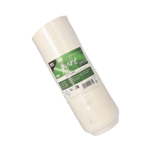 Stoh 50 bílých „pure“ kulatých víček (výška 2,5 cm) z ekologické cukrové třtiny, se zeleno-bílou produktovou etiketou včetně čárového kódu. Ideální pro gastronomické provozy. Značka: PAPSTAR GmbH.