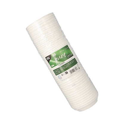 Stoh 50 bílých, kulatých víček z cukrové třtiny „pure“ (výška 2,5 cm) od PAPSTAR GmbH, zabalených v průhledné fólii se zelenou etiketou s podrobnostmi o produktu.
